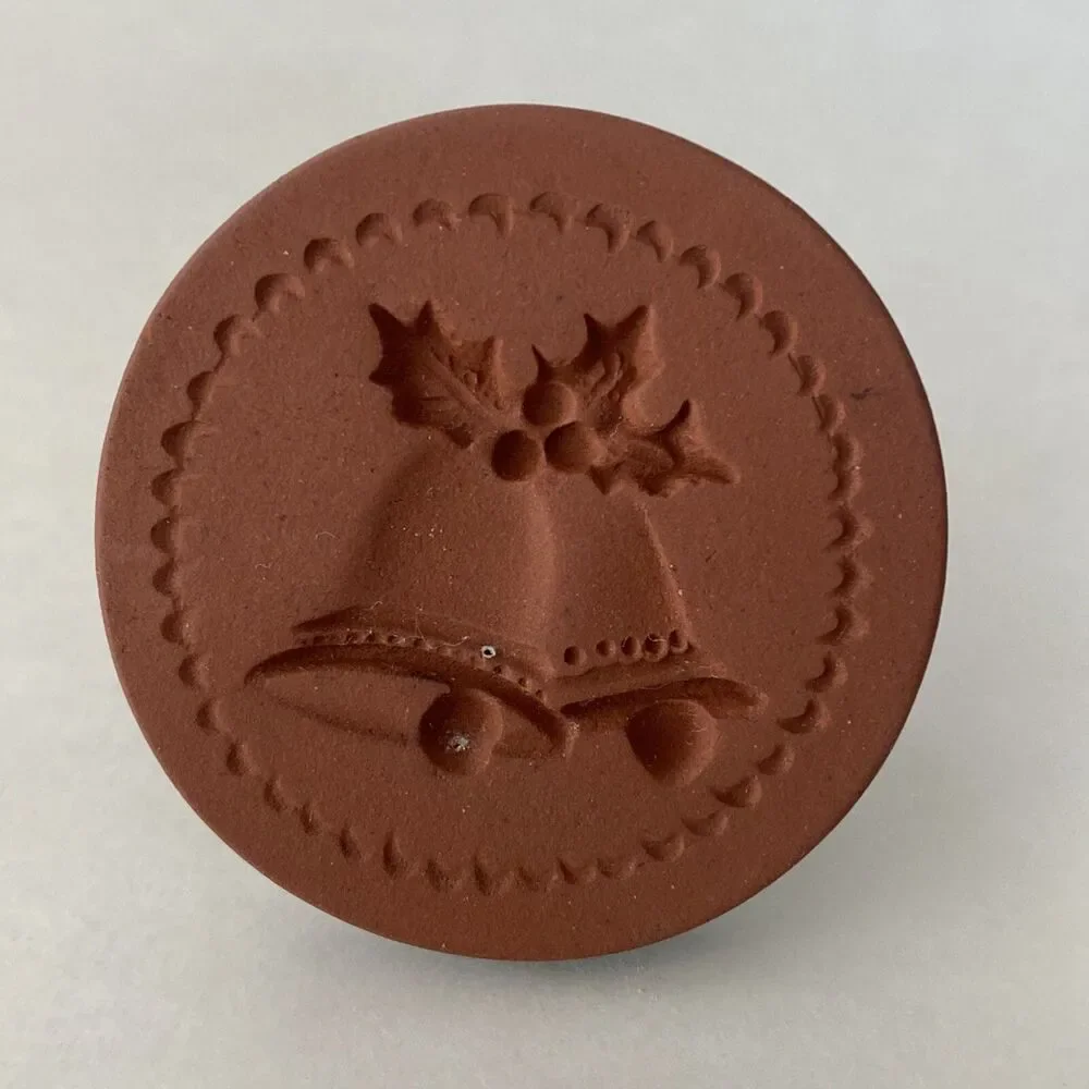 Rycraft Cookie Stamp Christmas Bells Terra Cotta 2” Round Handle Green Glaze